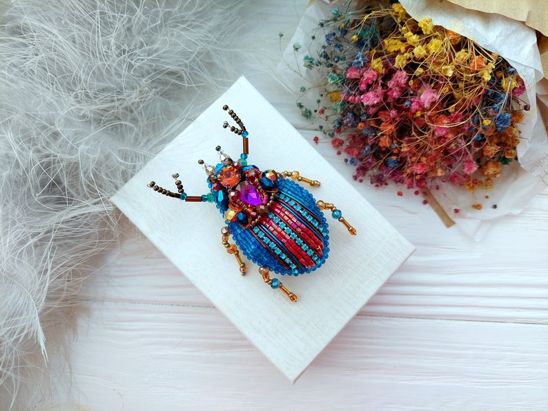 Embroidery beaded brooch Stag Beetle brooch pin Art glass brooch Insect art Animal Nature jewelry Bug jewelry Bug pin 21st birthday gift image 9