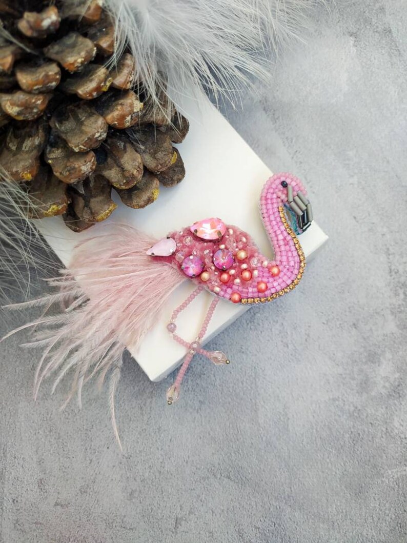 Seed Beaded Brooch Flamingo Brooch Pin Bird Pin Embroidery Etsy