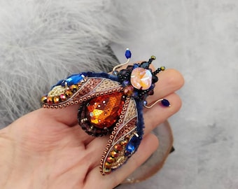 Beaded Cicada brooch pin Orange insect brooch Beetle brooch pin Fly brooch pin Embroidered brooch Statement jewelry Bug brooch pin