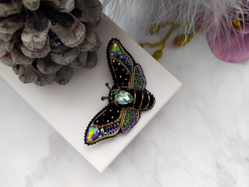 Beaded Butterfly Moth Beetle brooch pin Embroidered brooch Insect jewelry Statement jewelry Insect art Animal jewelry Nature jewelry Bug pin image 7