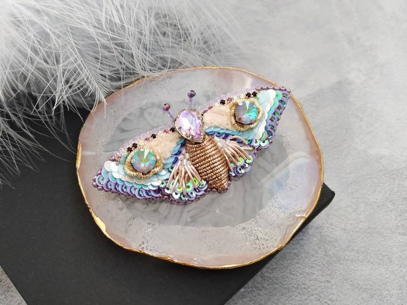 Beaded Butterfly brooch pin, Moth brooch pin, Beetle brooch pin, Art glass brooch, Embroidery beaded brooch, Bug jewelry, Sparkle brooch image 10