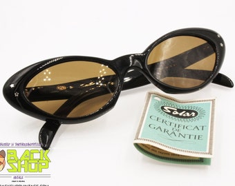 PL Authentic 1960s Vintage Sunglasses, Cat eye black acetate with stars, New Old Stock