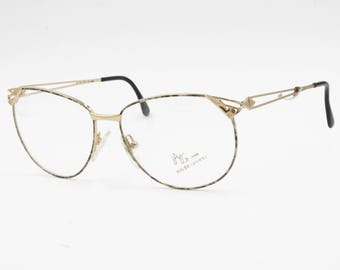 Atelier Gianino by Trevi big oval eyeglasse with demo lenses // Pale golden metal frame with grey stoned effect // New Old Stock 1970s