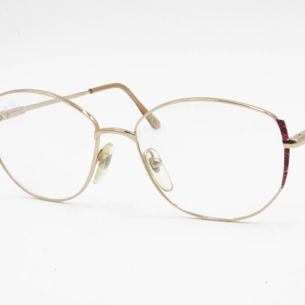 Galileo vintage 80s womens frame eyeglasses, pale golden with red marbled effect corners, Deadstock