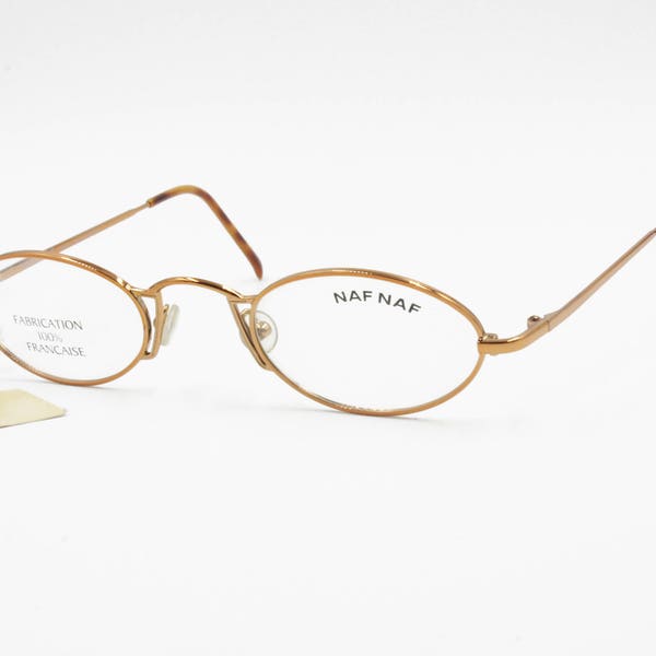 lunettes de vue à monture vintage NAF NAF haut de gamme fabriquées en France, petit ovale avec pont de nez design, couleur Bronze intense réfléchissante, NOS