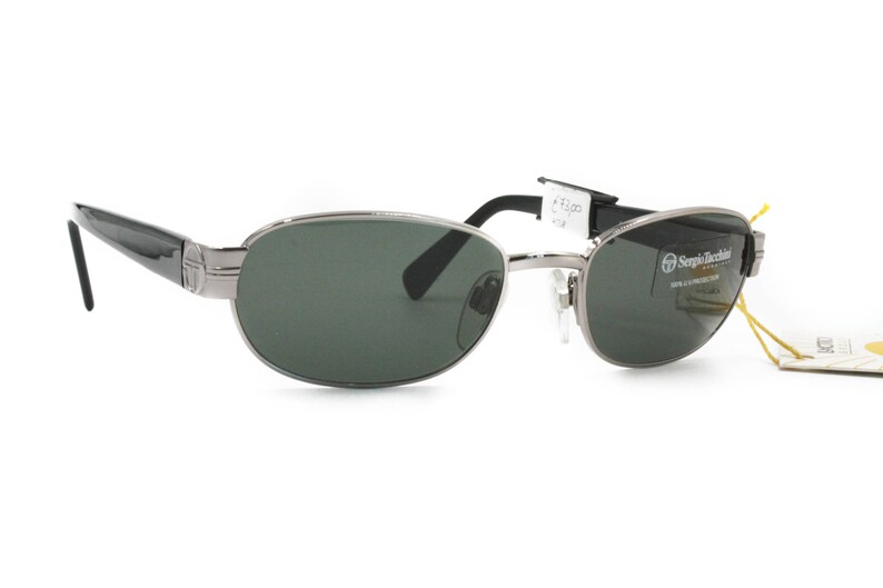 Sergio Tacchini deadstock sunglasses oval-rectangular front matte gunmetal /& black ST logo temples Vintage NOS 1980s