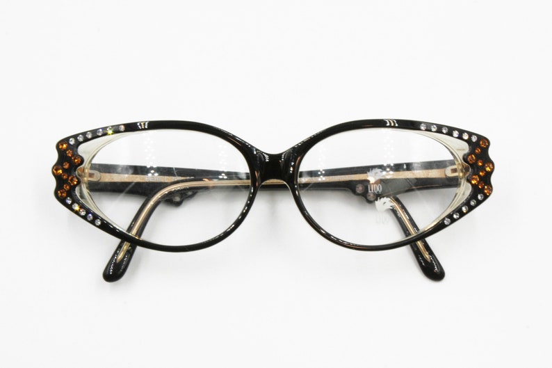 Vintage Cat eye black with strass eyeglasses frame eyewear, piece of art Hand made France, New Old Stock 1960s image 1
