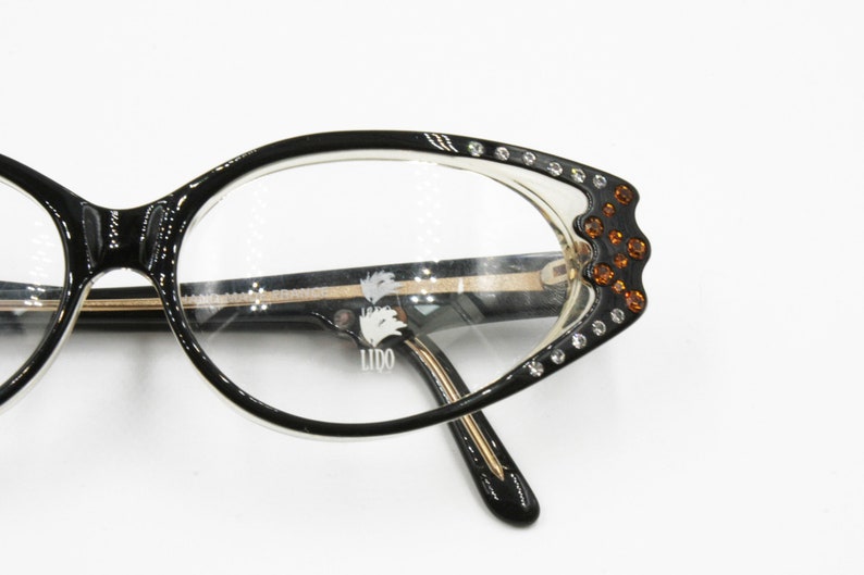 Vintage Cat eye black with strass eyeglasses frame eyewear, piece of art Hand made France, New Old Stock 1960s image 2