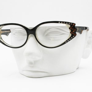 Vintage Cat eye black with strass eyeglasses frame eyewear, piece of art Hand made France, New Old Stock 1960s image 8