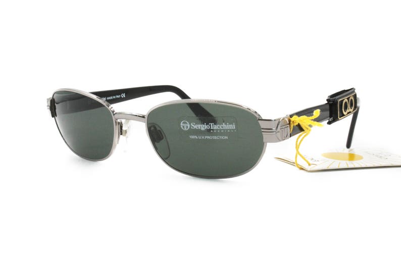 Sergio Tacchini deadstock sunglasses oval-rectangular front matte gunmetal /& black ST logo temples Vintage NOS 1980s