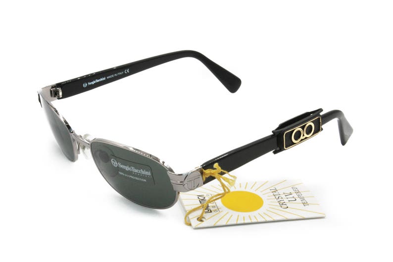 Sergio Tacchini deadstock sunglasses oval-rectangular front matte gunmetal /& black ST logo temples Vintage NOS 1980s