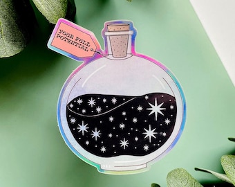 Su pegatina holográfica de potencial completo / Poción Crystal Gemstone Bottle Die-Cut Sticker / Witchy, Magic, Astrology, Celestial, Moon