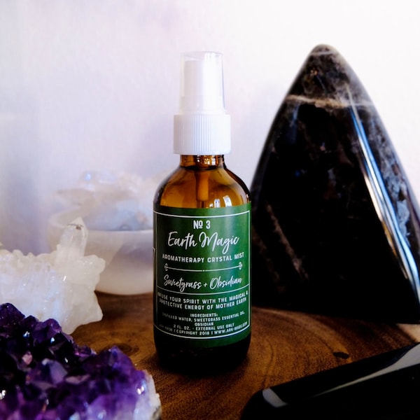 Earth Magic Aromatherapy Spray | Obsidian + Sweetgrass Room Mist | Crystal Healing for the Spirit