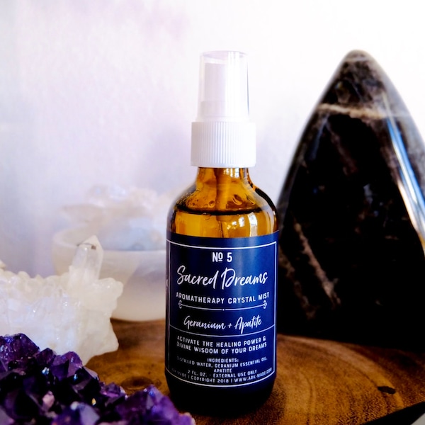 Sacred Dreams Aromatherapy Spray | Geranium + Apatite Crystal Fragrance Mist | Energy Healing for the Spirit | Sleep Spray