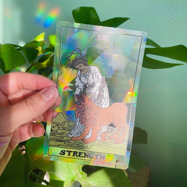 Strength Tarot Card Suncatcher Sticker | Inspirational, Fortune Teller, Rider-Waite Rainbow Decal | Witchy, Magic, Celestial, Moon