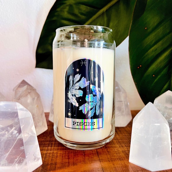 Pisces Zodiac Dressed Crystal Candle | Horoscope Candle Magic, Altar Candle, Astrology Candle, Soy Candle