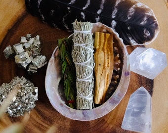 Classic Cleansing Kit | Mountain Sage, Palo Santo, + Sweetgrass in an Abalone Shell | Cleansing Botanicals, Energy Clearing, Energy Detox