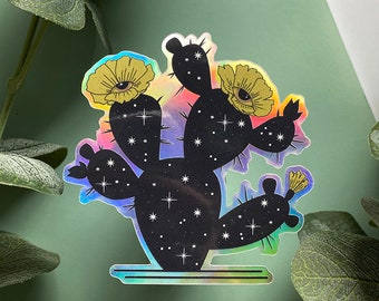 All Seeing Cactus Holographic Sticker | Evil Eye, Cacti, Cactus Flowers Die-Cut Sticker | Witchy, Magic, Astrology, Celestial