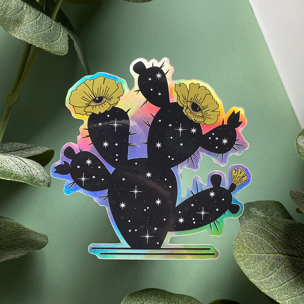 All Seeing Cactus Holographic Sticker | Evil Eye, Cacti, Cactus Flowers Die-Cut Sticker | Witchy, Magic, Astrology, Celestial