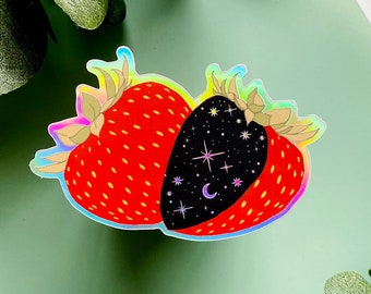 Celestial Strawberry Holographic Sticker | Strawberry + Stars Die-Cut Sticker | Witchy, Magic, Astrology, Celestial, Moon