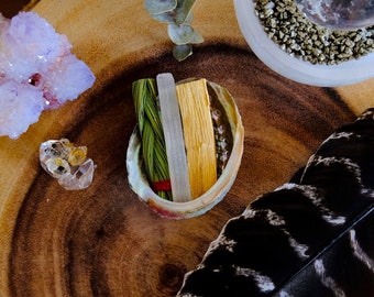 Tiny Cleansing Kit | Tiny Sweetgrass, Palo Santo, + Selenite nestled in a Mini Peach Abalone Shell | Cleansing Botanicals, Energy Detox