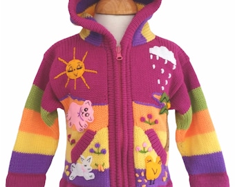 Handmade children sweaters, Alpaca wool and Cotton blend, farm animals details on the sweater.