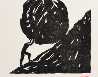 Sisyphus Woodcut Print: Greek Mythology Art, Motivational Decor