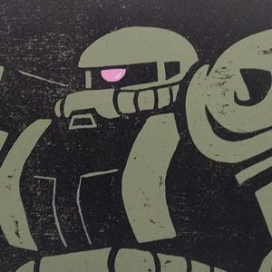 Zaku II Gundam Woodcut Print: Handmade Anime Mecha Wall Art