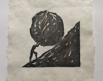 Sisyphus woodcut print