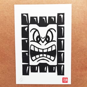 Thwomp Woodcut Print: Nintendo Super Mario Bros. Retro Video Game, Handmade Wall Art