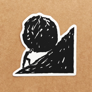 Sticker Sisyphe en vinyle découpé, impression gravure sur bois médiévale, sticker motivant, il faut imaginer Sisyphe heureux, Albert Camus, pour ordinateur portable