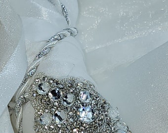 White Silk Wrapped Hoop with Silver Embellishment, 9-Inch Padded Streamers