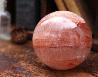 Large Hematoid Quartz Sphere 72mm / Large Fire Quartz Sphere / Red Pink Hematite Sphere / Pink Crystal Ball / Fire Quartz Ball