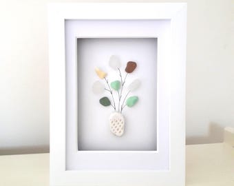 Sea Glass Flower Art:  unique reclaimed beach finds in 6 x 8 frame
