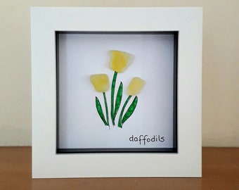 Daffodils Sea Glass Art 12.5 x 12.5 cm, Beach Glass Flowers Framed