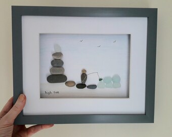 Sea Glass & Pebble Art Fishing 11 x 9 framed, Gifts for Beach Lovers Fishermen, Coastal Wall Art