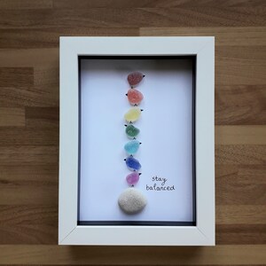 Stay Balanced Rainbow Birds Sea Glass Art Framed 6 x 8 inches, Chakra Beach Glass Picture from Seaham Unique Original Gift