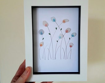 Sea Glass Art, Glass Flower Picture Framed, Seaham Sea Glass Coloured Flowers