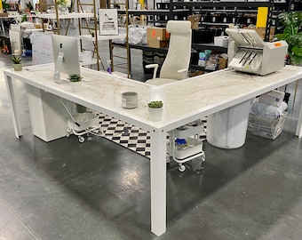 L Shaped white reception desk | Epoxy resin desk |live edge handmade table | modern gold desk |sheek industrial coffee desk