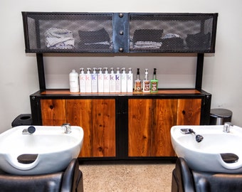 Industrial Barber Shop Cabinet: Reclaimed Wood & Steel Mancave Bar