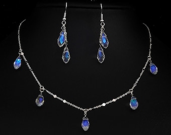 Crystal Drop Jewelry Set, Silver Earrings and Necklace, Wedding Jewelry, Blue Turquoise Iridescent Glass Drops, Sparkling Fairycore Jewelry