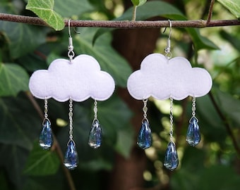 Rain Cloud Earrings Silver, Rain Drop Earrings, Funny Weather Earrings, Cloud Jewelry, Fabric Earrings, Moody Earrings