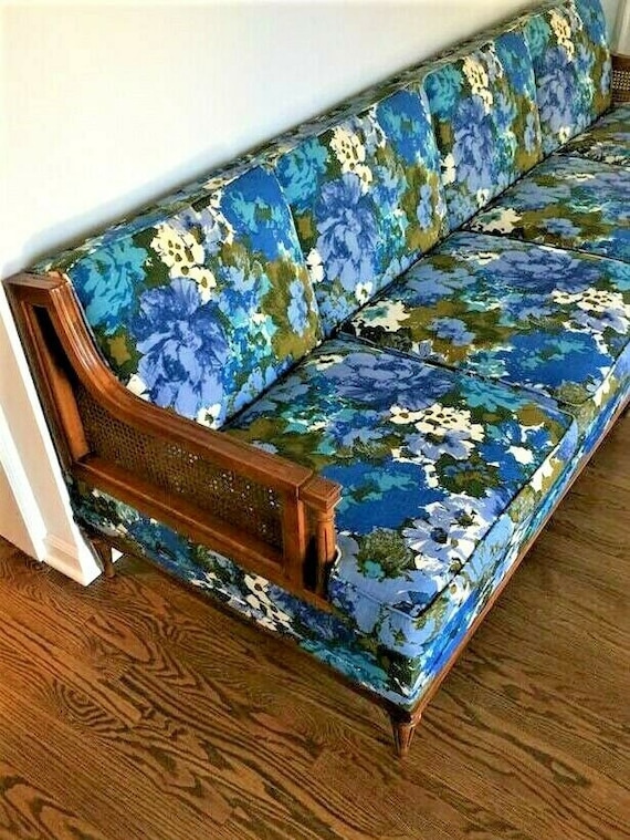 Fabulous Mid Century Modern Floral 4 Seat Sofa Cane Sides 96