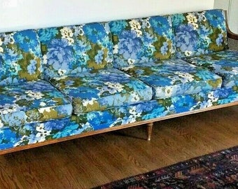 Fabulous Mid Century Modern Floral 4 Seat Sofa Cane Sides 96"
