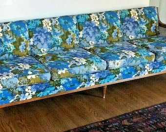 Fabulous Mid Century Modern Floral 4 Seat Sofa Cane Sides 96"