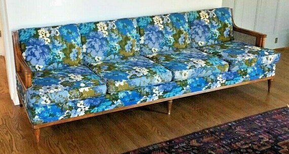 Fabulous Mid Century Modern Floral 4 Seat Sofa Cane Sides 96 Etsy UK