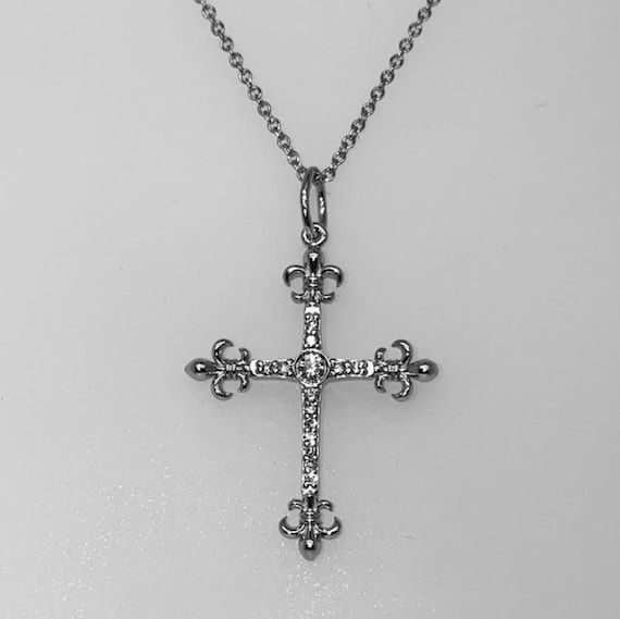Fleur De Lis Round Brilliant Cut Diamond Cross Necklace 14k - Etsy