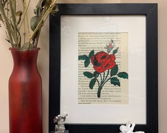 Red Rose on Upcycled Book paper//Flower art//Library gifts