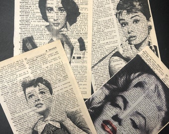 Classic Movie Star Prints on Upcycled Paper//Monroe//Hepburn//Taylor//Garland//Art on Book Paper//Vintage Hollywood//1950's Glamour