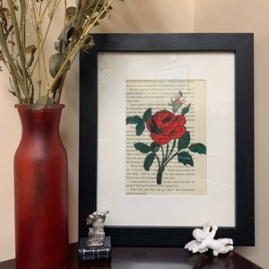 Red Rose on Upcycled Book paper//Flower art//Library gifts